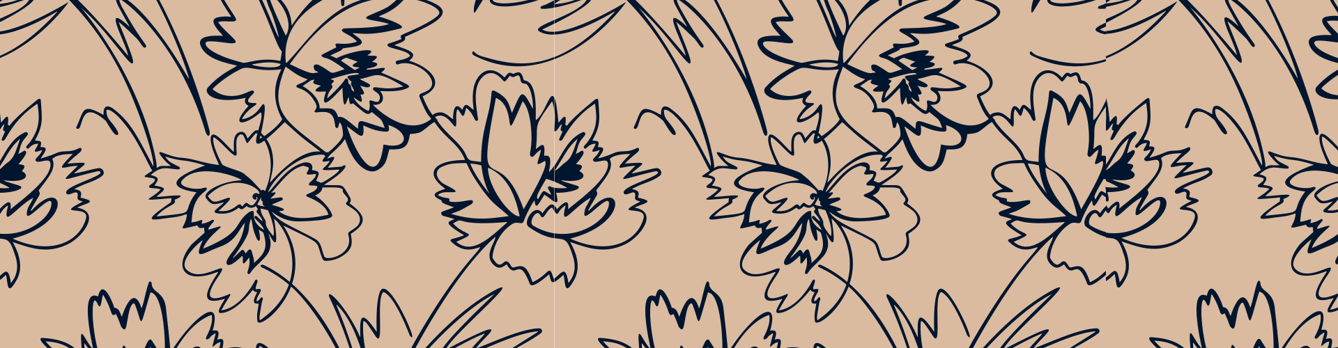 A seamless pattern of black, abstract line-drawn flowers and leaves on a beige background, evoking a calming atmosphere often associated with therapy and easing anxiety.