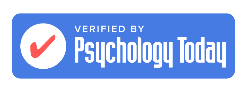 Blue badge with a red check mark and the words Verified by Psychology Today in white text, often associated with trusted resources in psychotherapy, depression, and anxiety.