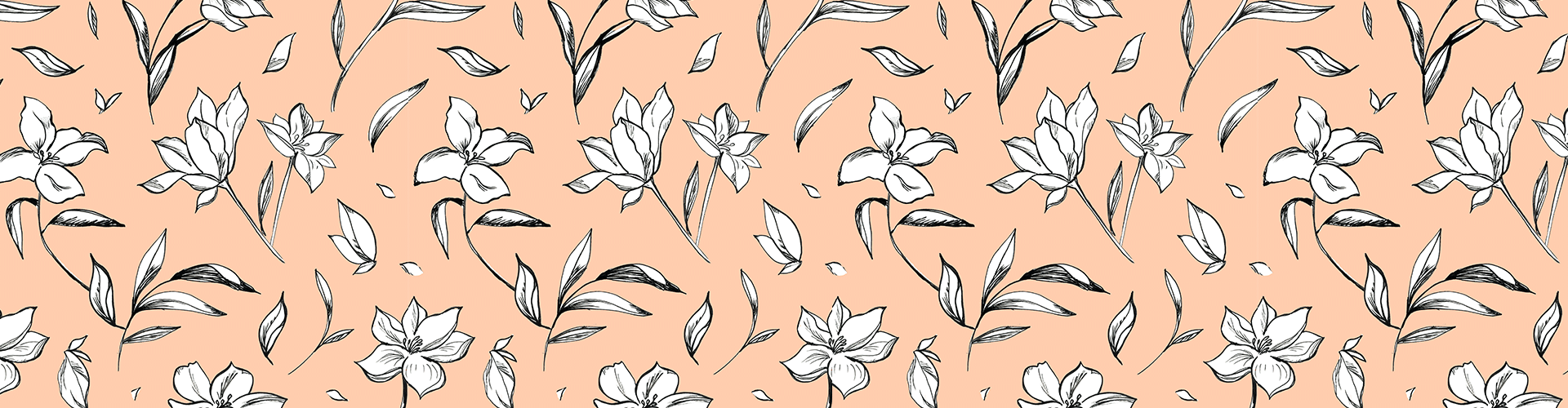 Seamless pattern of hand-drawn black and white flowers and leaves on a peach background, evoking themes of anxiety with petals and foliage delicately scattered throughout.