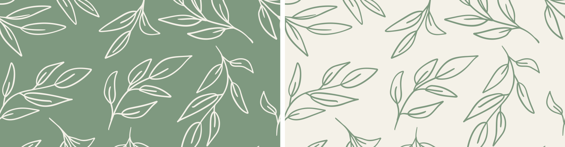 A seamless botanical pattern with outlined leaves evokes a sense of calm, reminiscent of the tranquility often sought in psychotherapy or therapy sessions. The left side features a sage green background, while the right side has a cream background; both showcase similar leaf designs in contrasting colors.