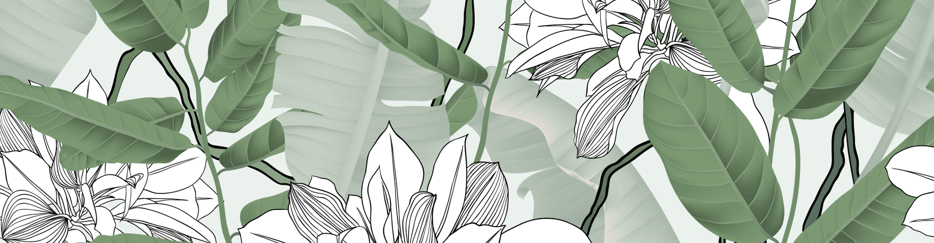 Illustration of large green tropical leaves overlaid with outlined white flowers, creating a layered botanical pattern with a mix of realistic and sketch-like elements—an inviting design that evokes calm and would complement spaces dedicated to therapy or mindfulness.