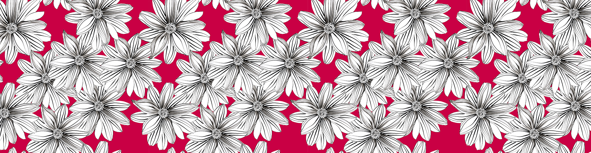 Black and white hand-drawn flowers with detailed petals are densely arranged on a bright magenta background, creating a bold and vibrant floral pattern. This striking design can evoke feelings of calm and positivity, making it an uplifting choice for spaces focused on anxiety or psychotherapy.